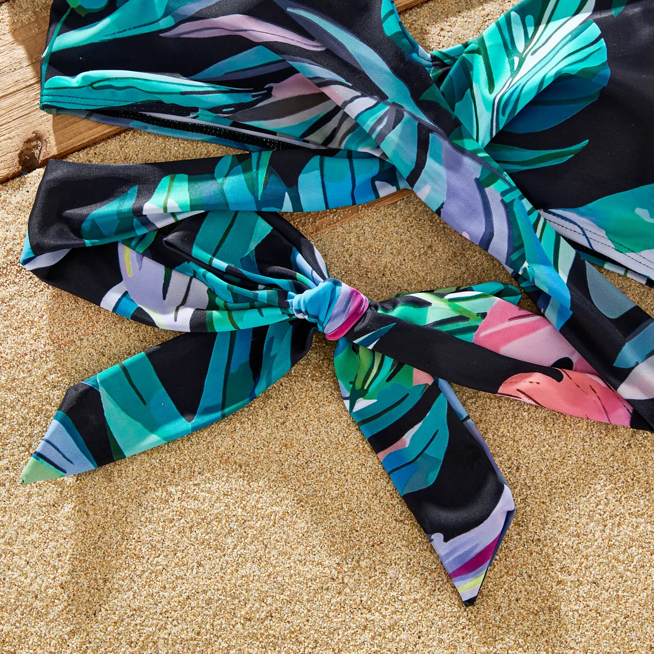 Family Matching Floral Drawstring Swim Trunks or Ruffle Sleeves Cross Front Bikini Black big image 1