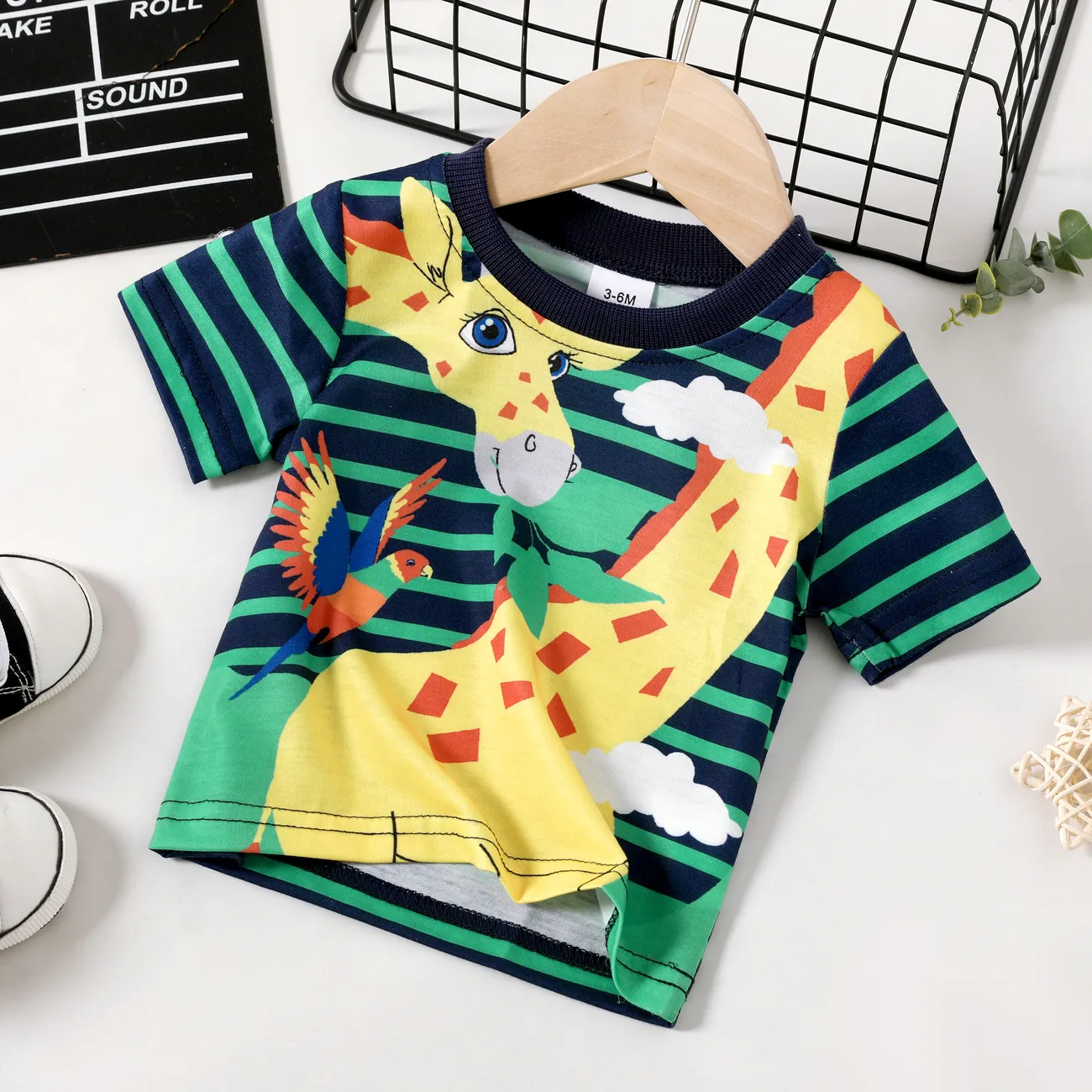 Baby Boy Childlike Style with Animal Pattern Giraffe Short Sleeve Tee  Black big image 1