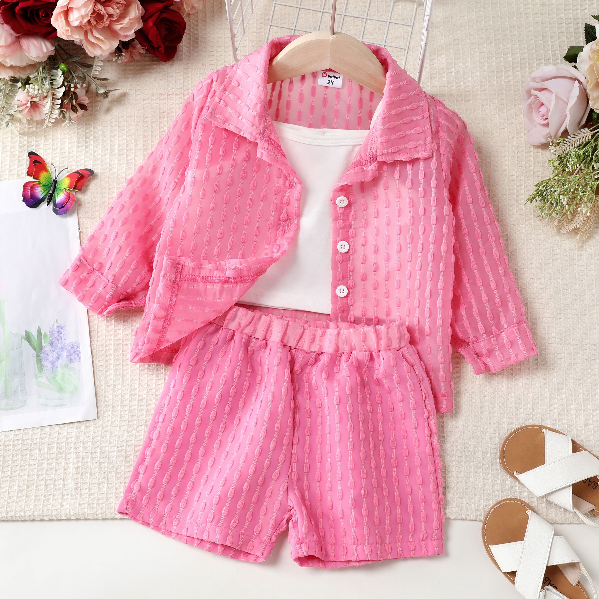 3pcs Toddler Girl Sweet Solid Color Lapel Top and Shorts Sets