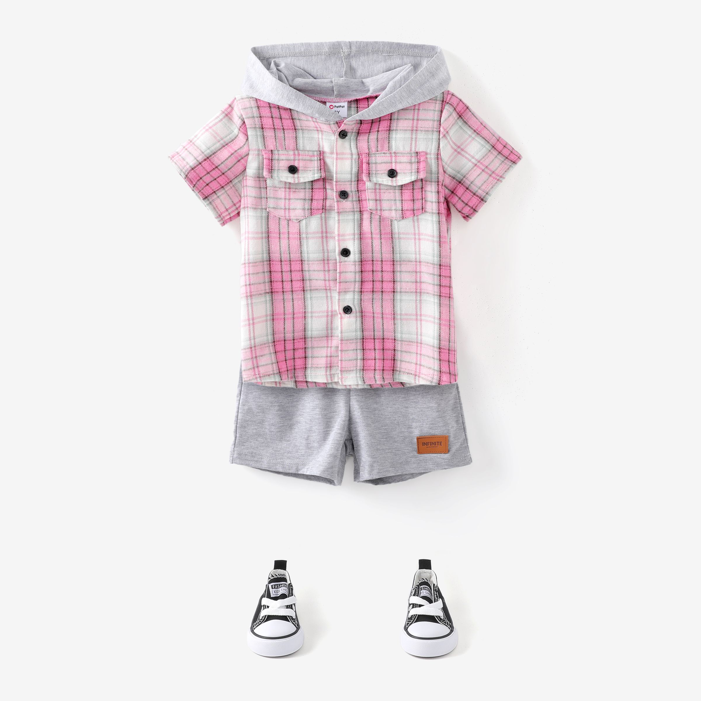 Baby/Toddler Boy 2pcs Plaid Print Hooded Shirt And Shorts Set/ Canvas Shoes