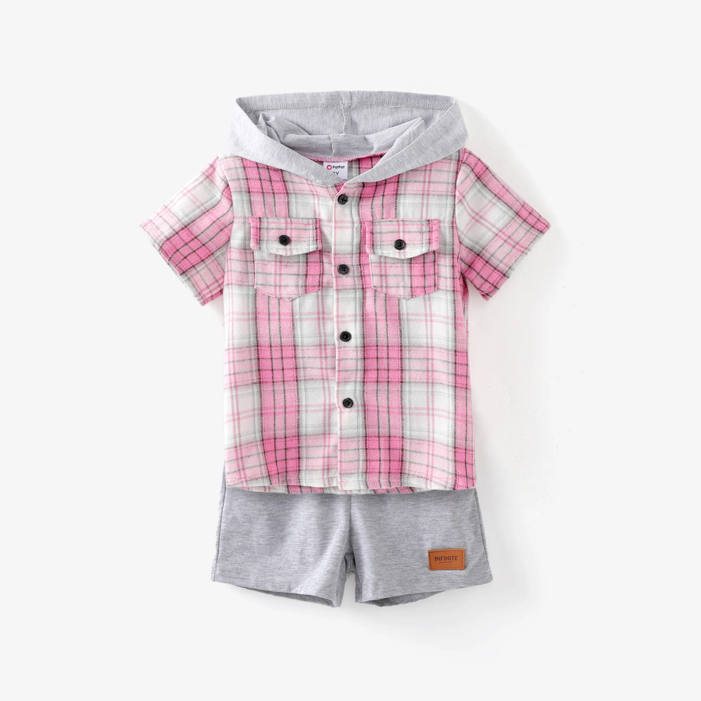 Baby/Toddler Boy 2pcs Plaid Print Hooded Shirt And Shorts Set/ Canvas Shoes