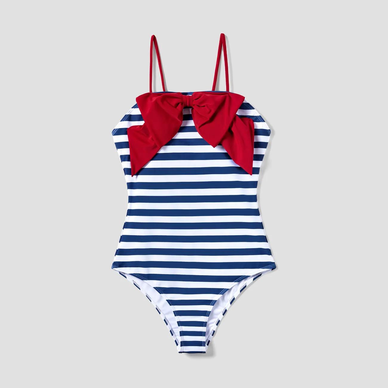 Family Matching Vertical Stripe Drawstring Swim Trunks or Bow Detail One-Piece Swimsuit  MultiColour big image 1
