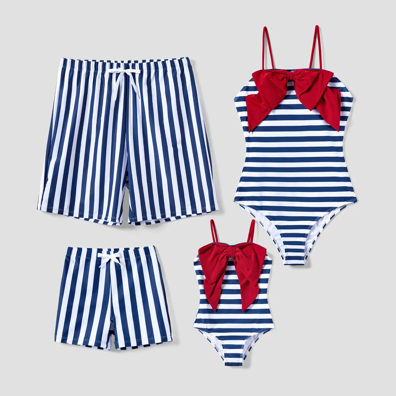 Family Matching Vertical Stripe Drawstring Swim Trunks or Bow Detail One-Piece Swimsuit  MultiColour big image 1