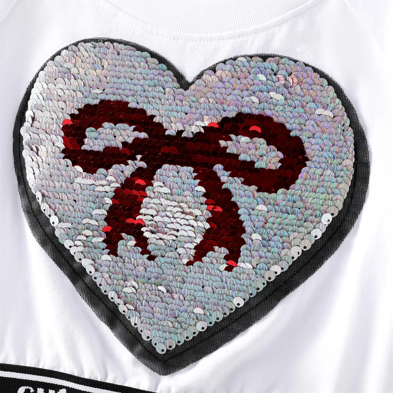 Niño pequeño / niña 2pcs Camiseta corta bordada de lentejuelas de corazón y juego de falda de cinta pinkywhite big image 1