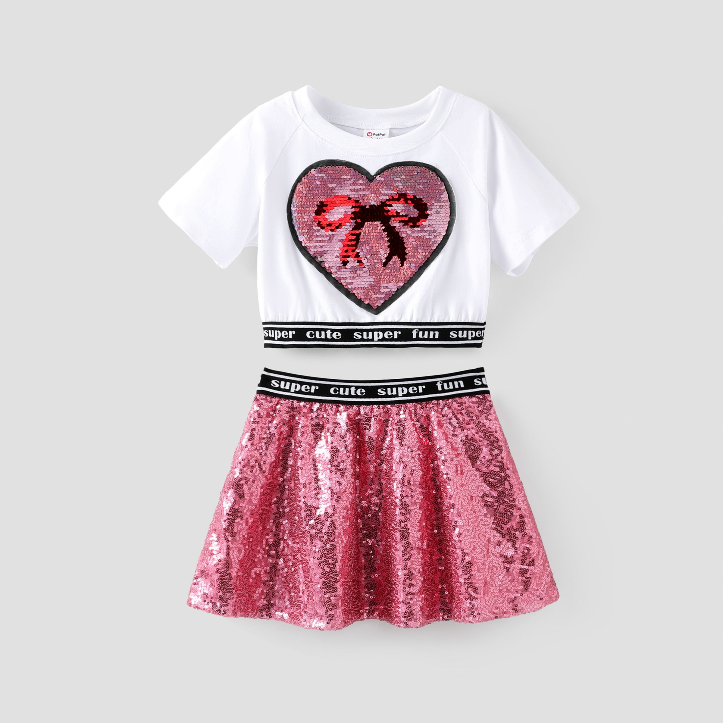 Toddler/Kid Girl 2pcs Heart Sequin Embroidery Crop Tee And Ribbon Skirt Set/ 5-Pack Socks/ Sports Shoes