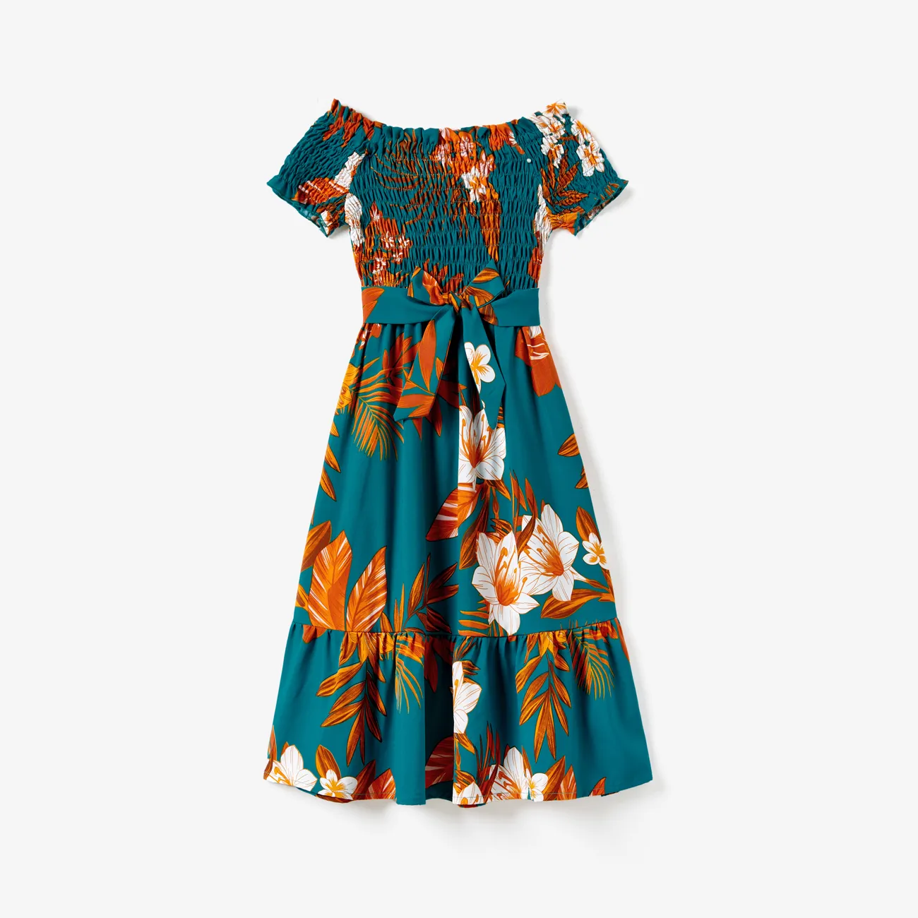 Family Matching Color Block Tee and Floral Shirred Ruffle Hem Dress Sets DeepTurquoise big image 1