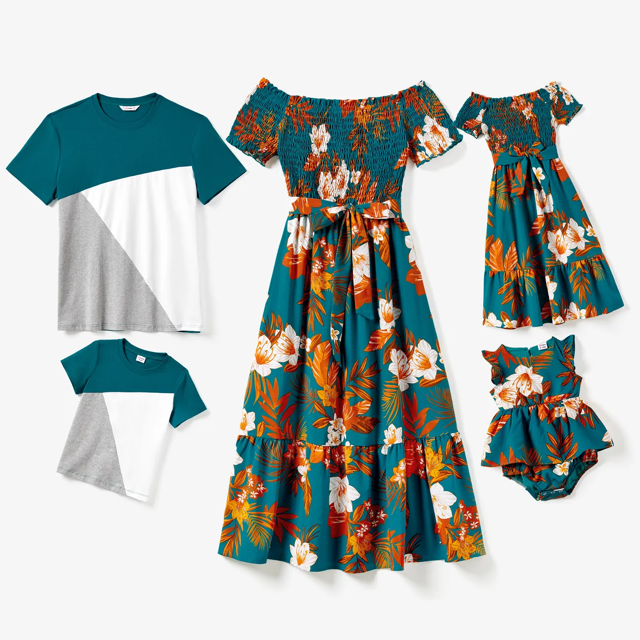Family Matching Color Block Tee and Floral Shirred Ruffle Hem Dress Sets DeepTurquoise big image 1