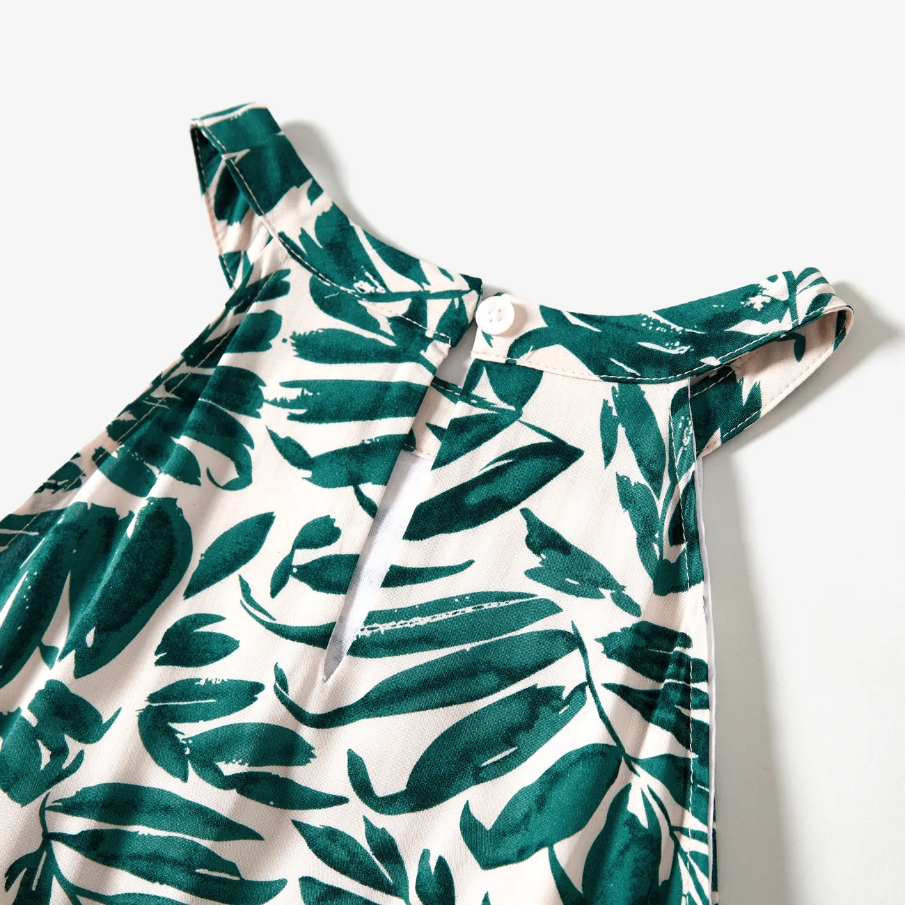 Family Matching Leaf Print Beach Shirt and High Neck Halter Belt Maxi Dress Sets GlossyDarkGreen big image 1