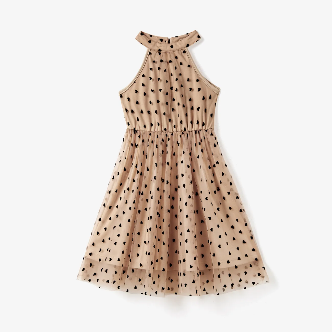 Mommy and Me High Neck Halter Mesh Tulle Dress with Black Flocking Heart Shapes Khaki big image 1
