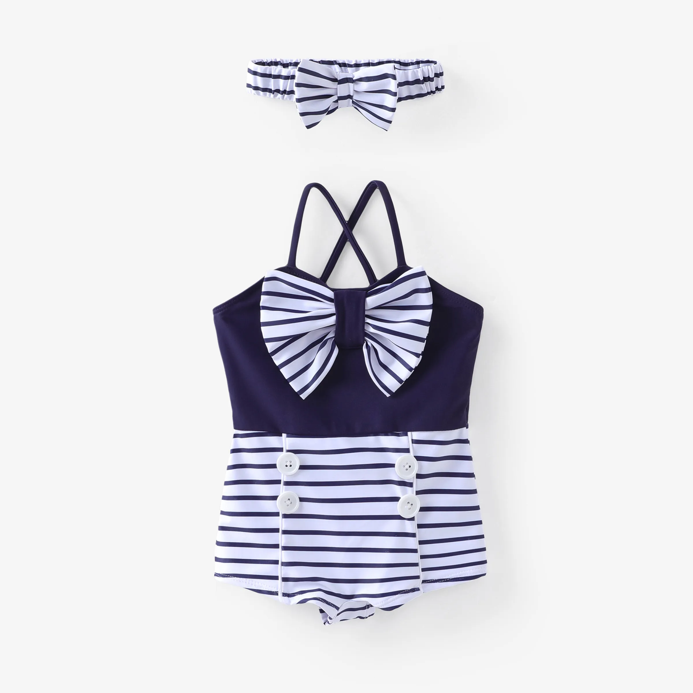 

Toddler Girl 2pcs Striped Colorblock One-Piece and Headband Swimsuits Set/ Bowknot Sandals