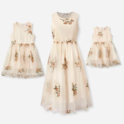 Mommy and Me Splicing Floral Embroidered Mesh Sleeveless Dress