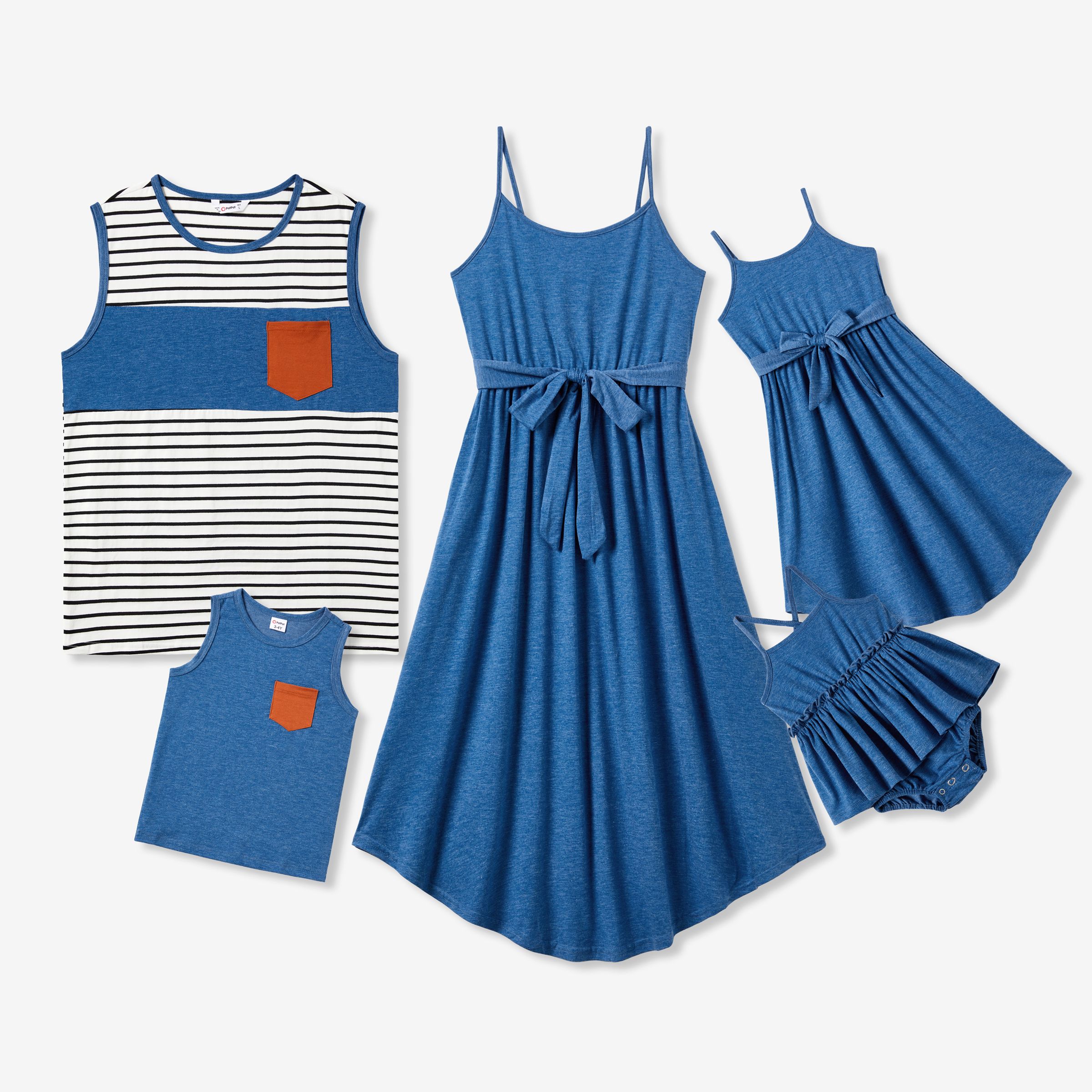 Family Matching Stripe Sleeveless T-shirt And Cami A-line Belted Dress