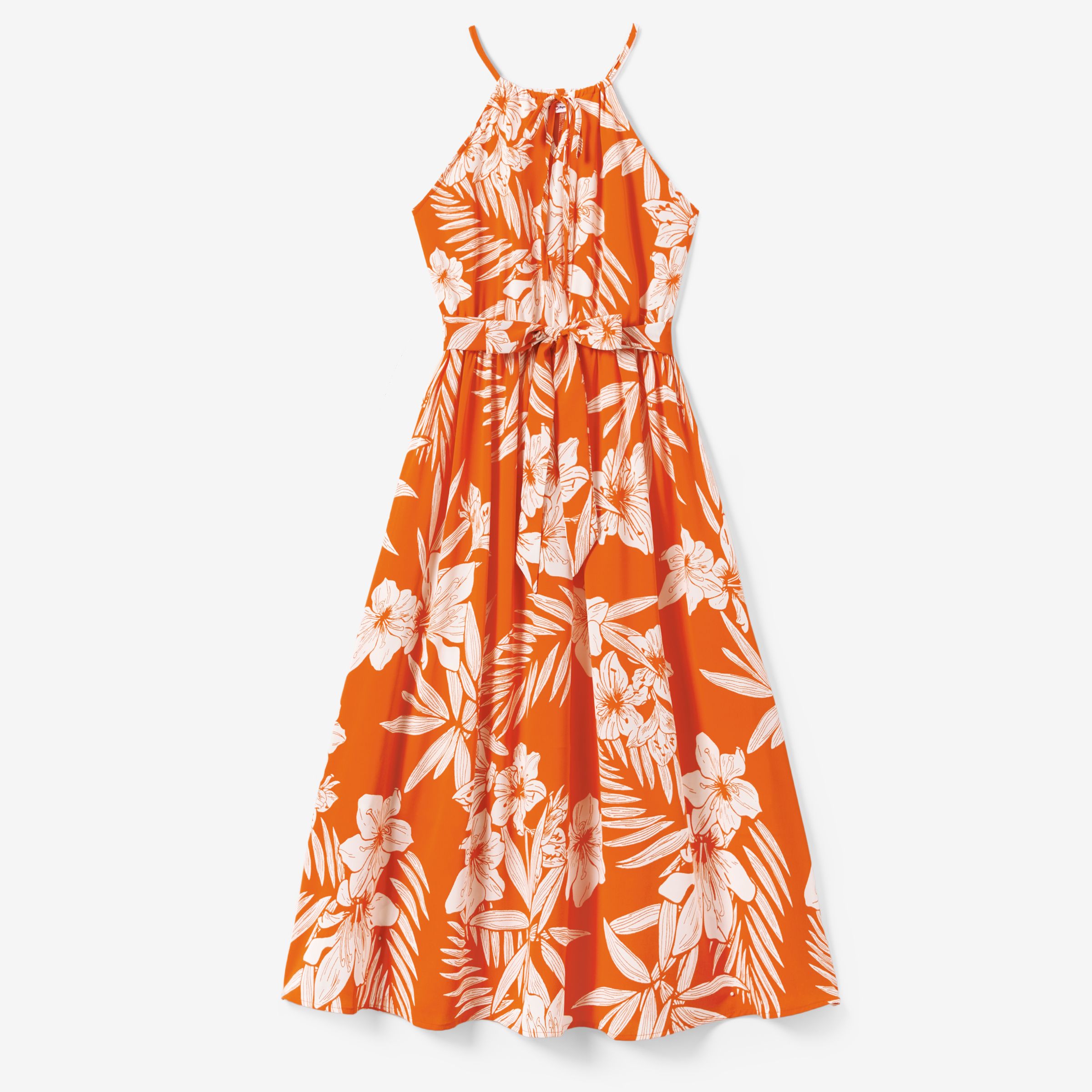 Family Matching Orange Beach Shirt And Floral Strap Dress Sets