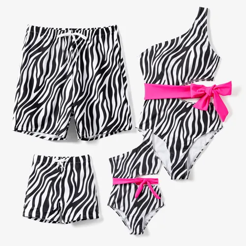 Family Matching Zebra Stripe Drawstring Swim Trunks or One Shoulder Cut Out One-Piece Swimsuit 