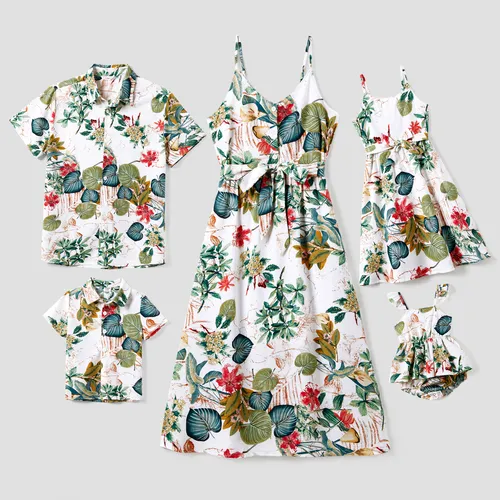家庭配套沙灘襯衫和花卉紐扣正面肩帶連衣裙套裝