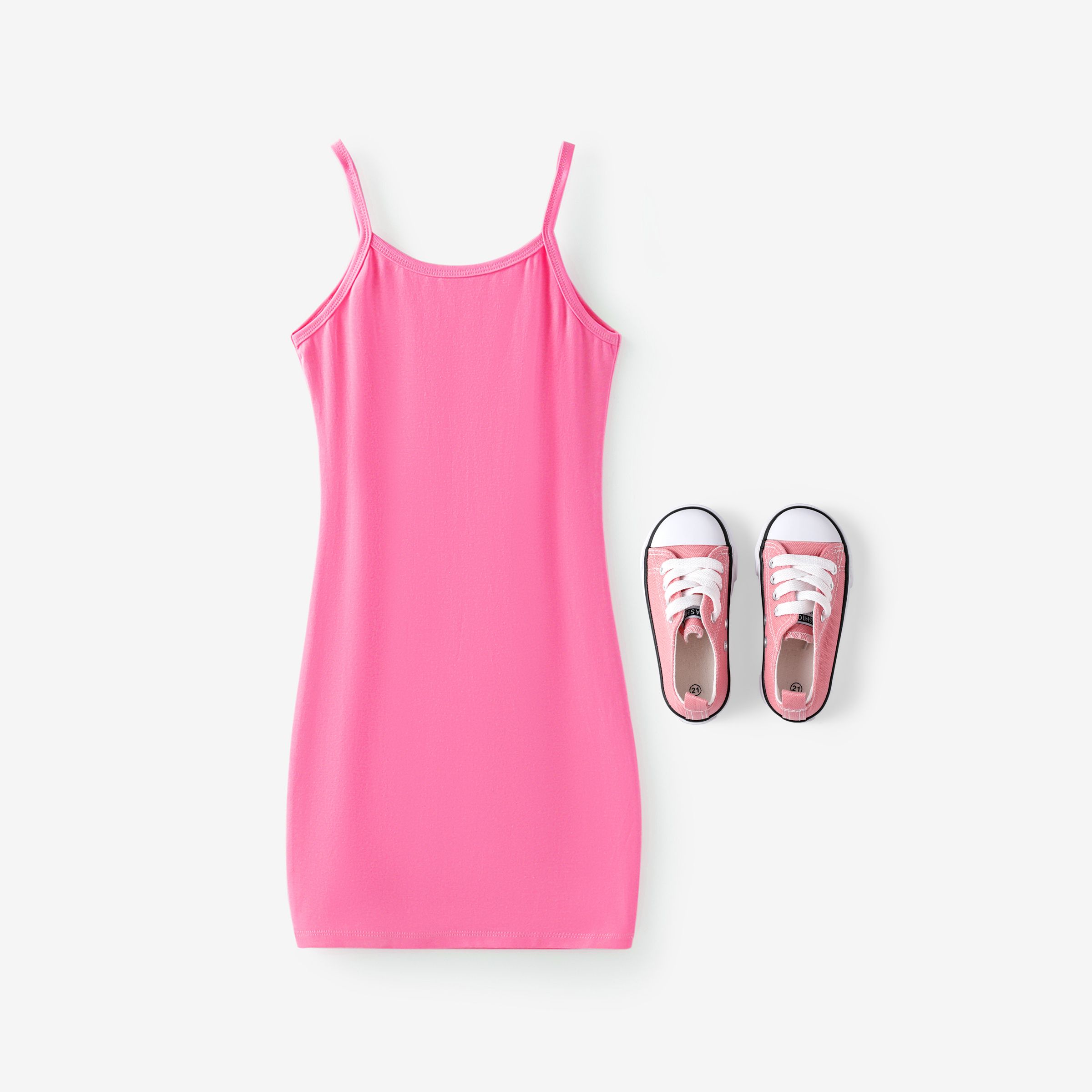 

Kid Girl Solid Color Hip-covering Cami Dress/ Canvas Shoes