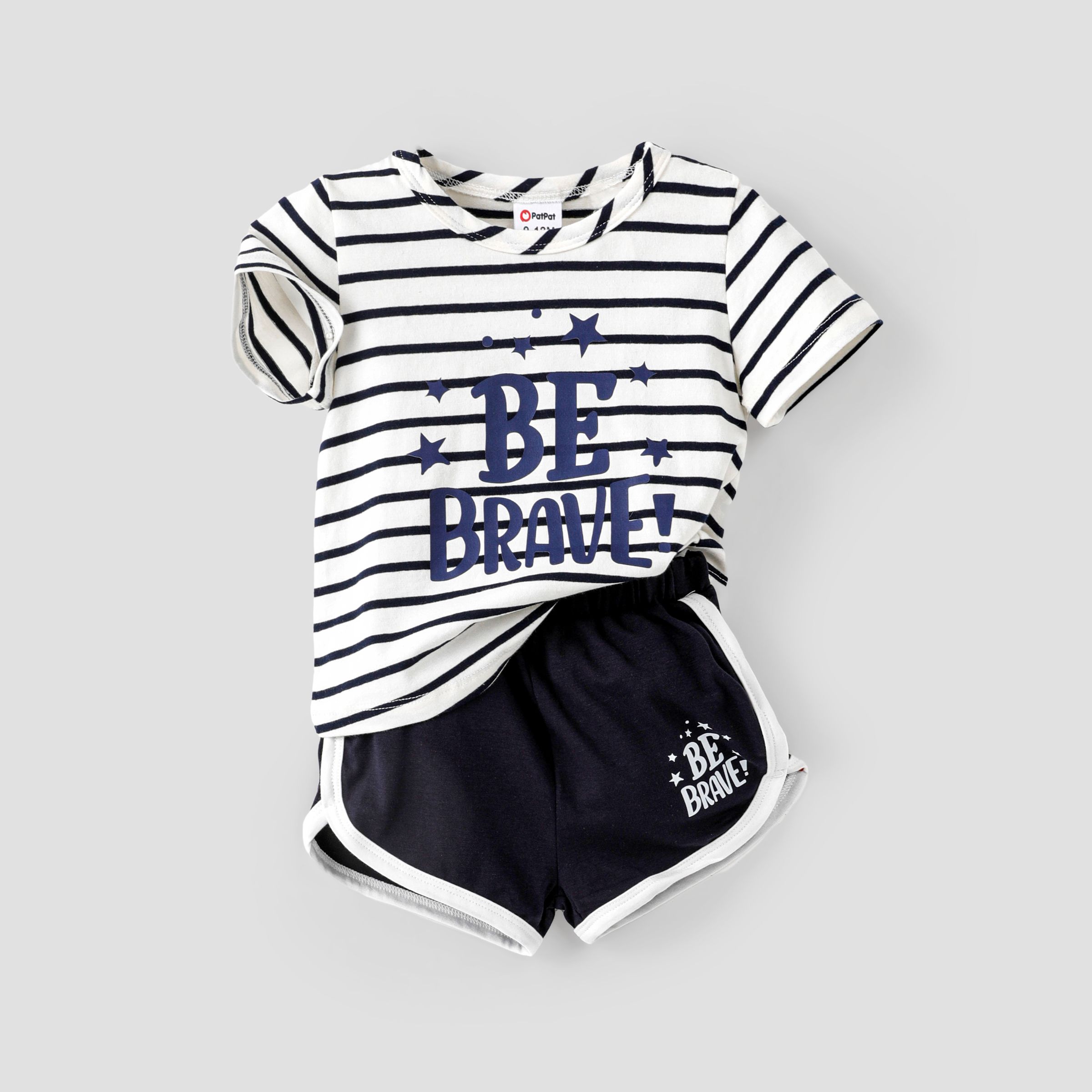 Baby Boy 2pcs Striped Letter Print Tee And Shorts Set/ 1-Pack Socks/ Canvas Shoes