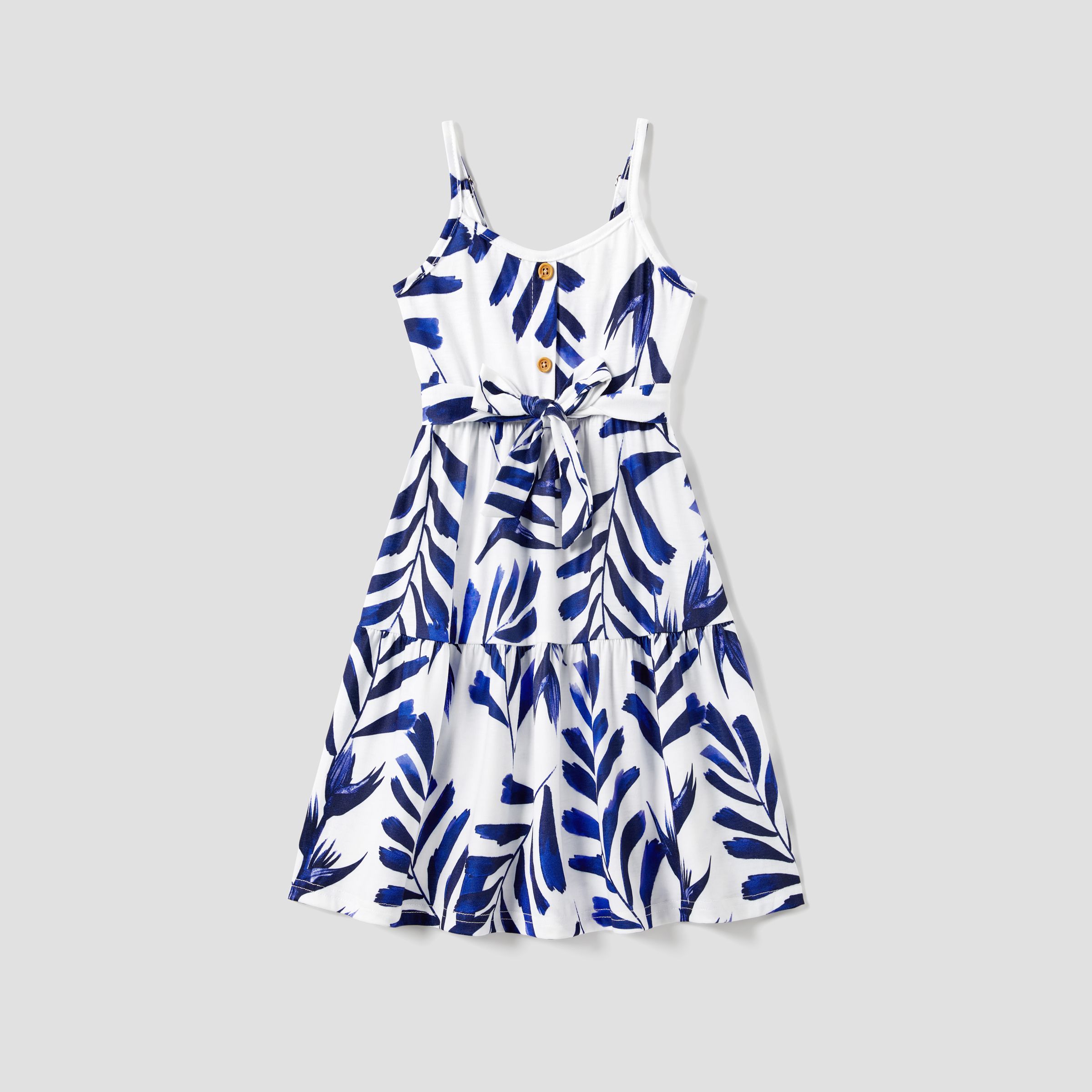 Family Matching Modern Blue and White Botanical Leaf Design Button Strap Dress and Color Block Tee S