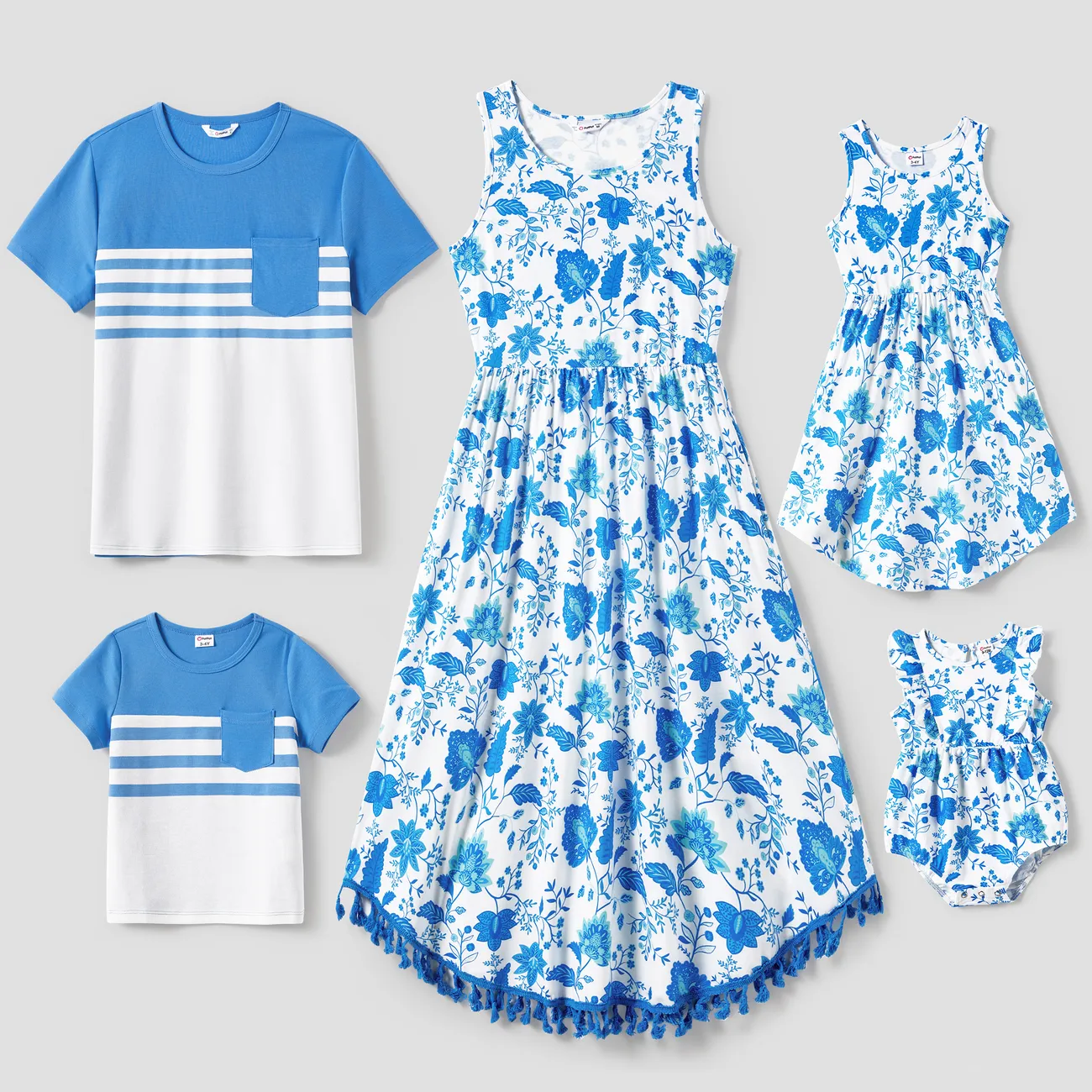 Family Matching Color Block Tee and Floral Tassel Trim Tank Top A-Line Dress Sets Blue big image 1