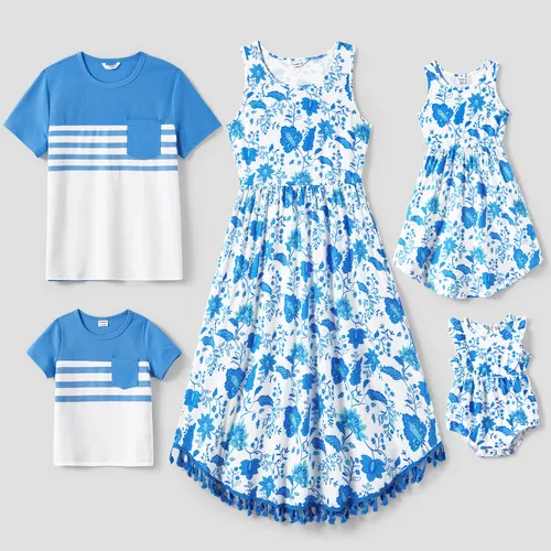 Family Matching Color Block Tee and Floral Tassel Trim Tank Top A-Line Dress Sets