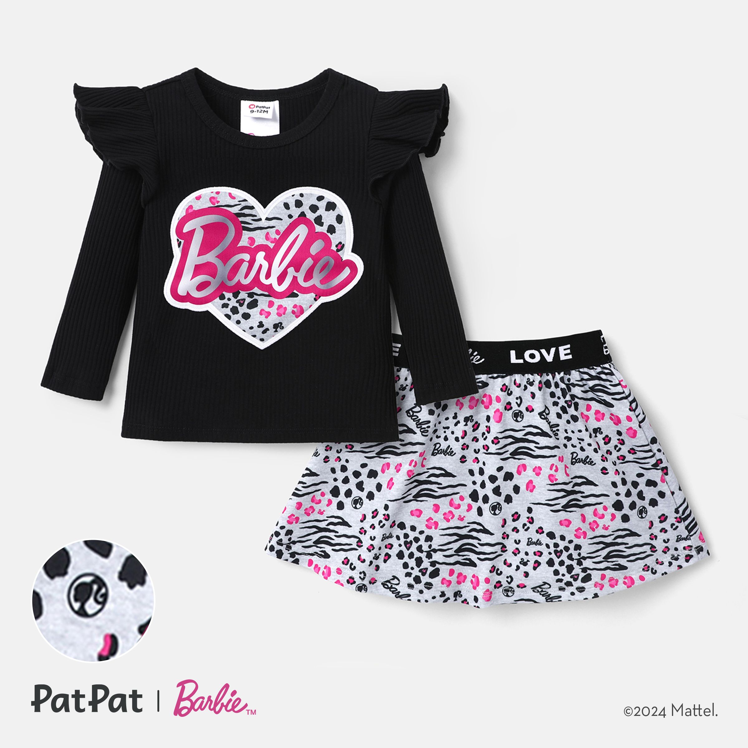 Barbie Baby Girl 2pcs Naia™ Leopard Heart Letter Print Ruffled Long-sleeve Top And Leopard Skirt Set