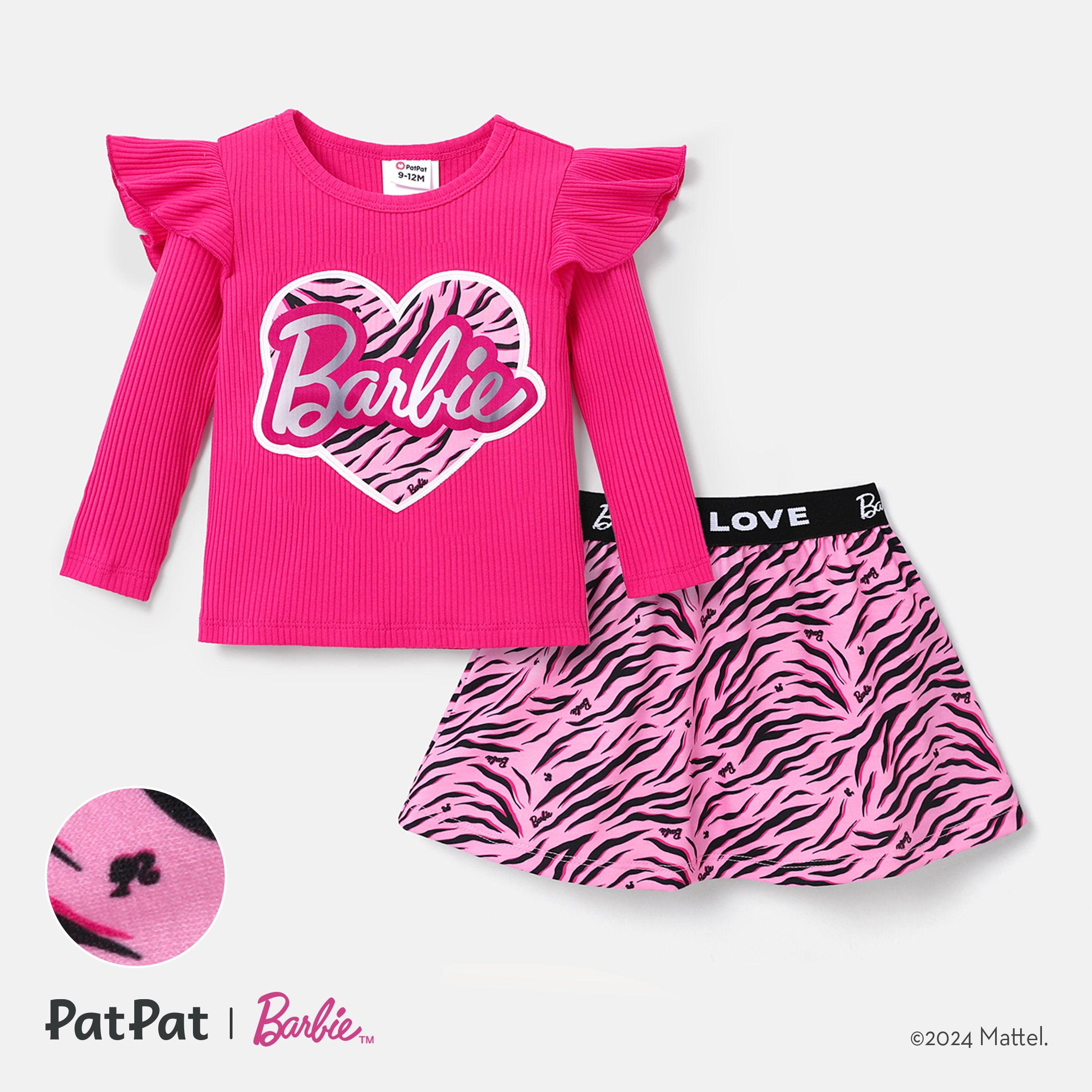 Barbie Baby Girl 2pcs Naia™ Leopard Heart Letter Print Ruffled Long-sleeve Top And Leopard Skirt Set