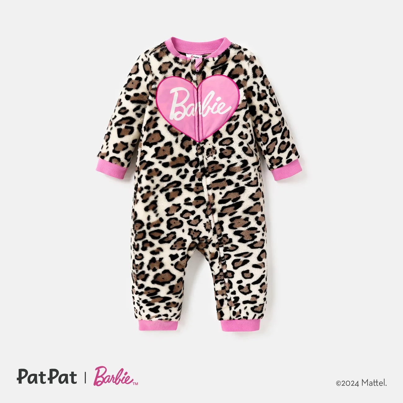 Barbie Baby Girl Heart Letter Embroidered Leopard Pattern Zip Up Fuzzy Jumpsuit  Beige big image 1