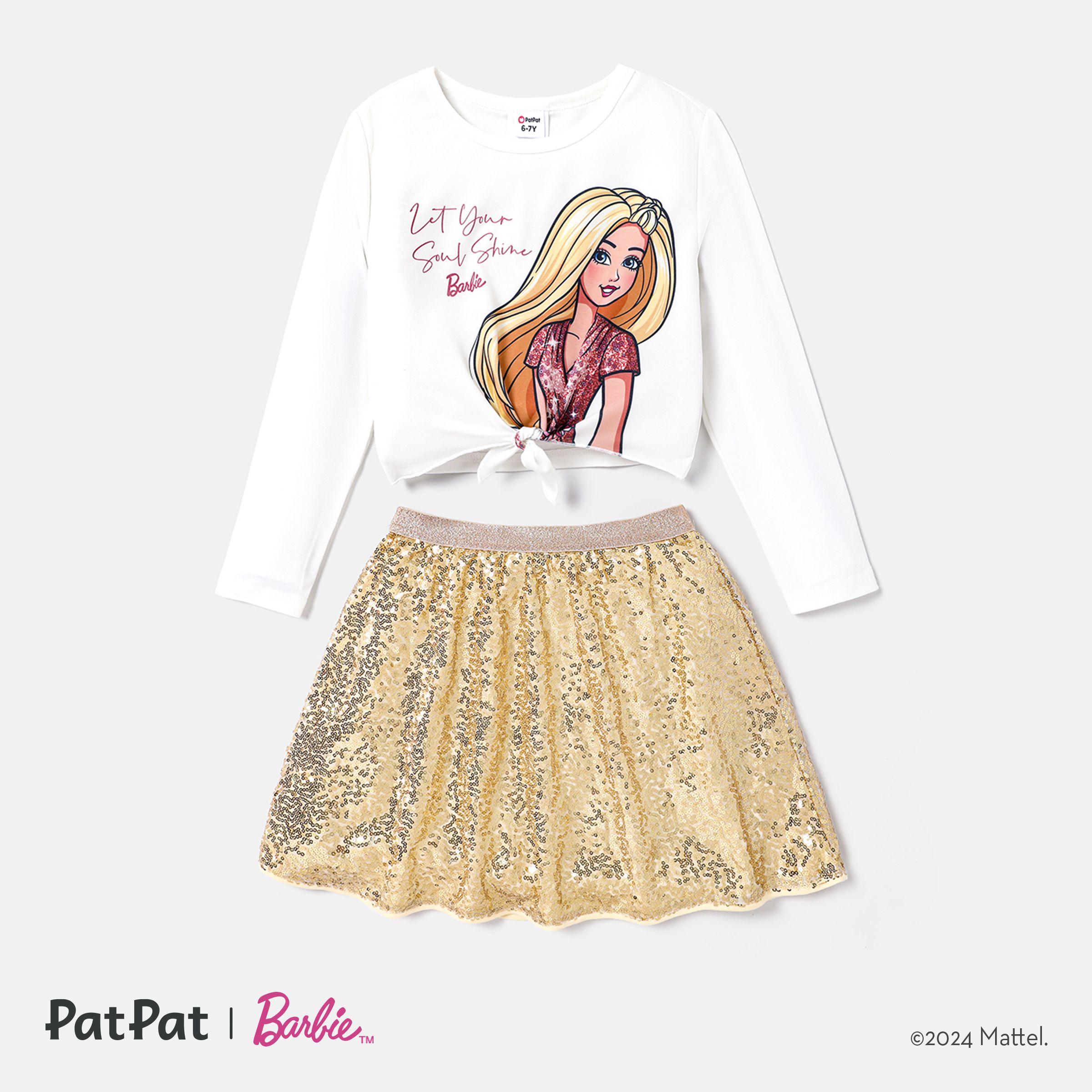 Barbie Kid Girl 2pcs Naiaâ¢ Figure Print Long-sleeve Top And Sequin Skirt Set