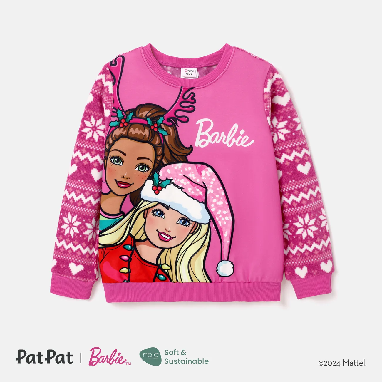 Barbie Kid Girl Christmas Character Print Long-sleeve Sweatshirt Pink big image 1