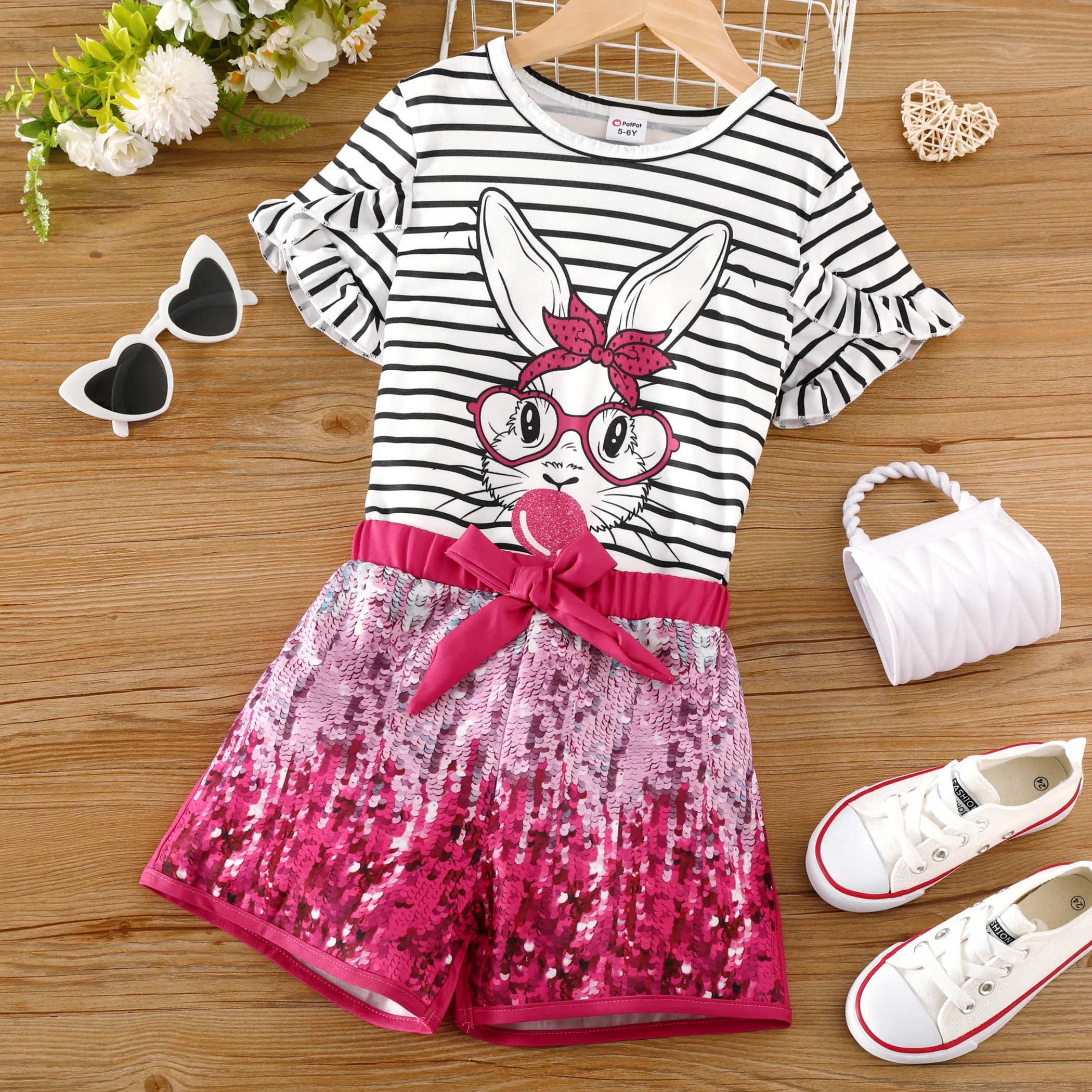 2pcs Kid Girls Animal Pattern Bunny Ruffle Edge Top and Dress Suit