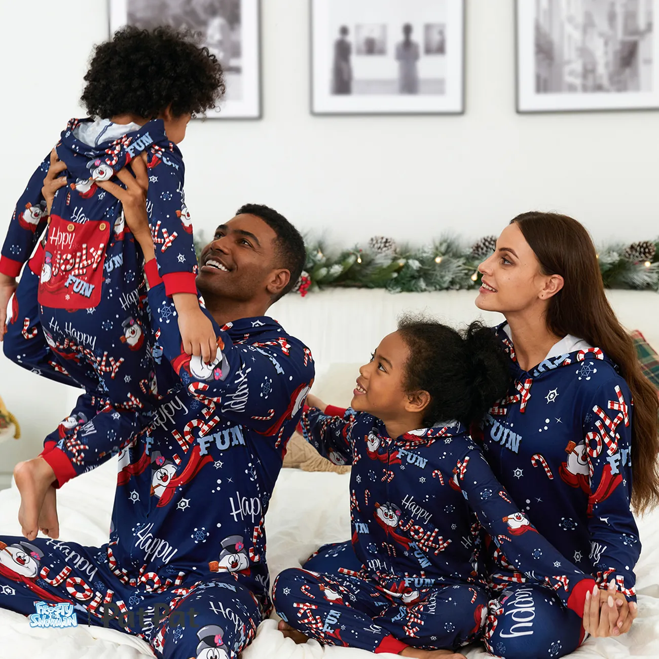 Frosty The Snowman Family Matching Christmas Allover Zip-up Hooded Onesies Pajamas(Flame Resistant) Deep Blue big image 1