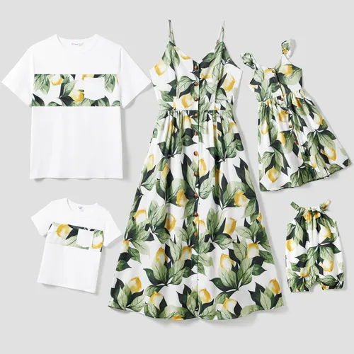 Camiseta familiar a juego con bloques de color y vestido con botones de tirantes florales con bolsillos