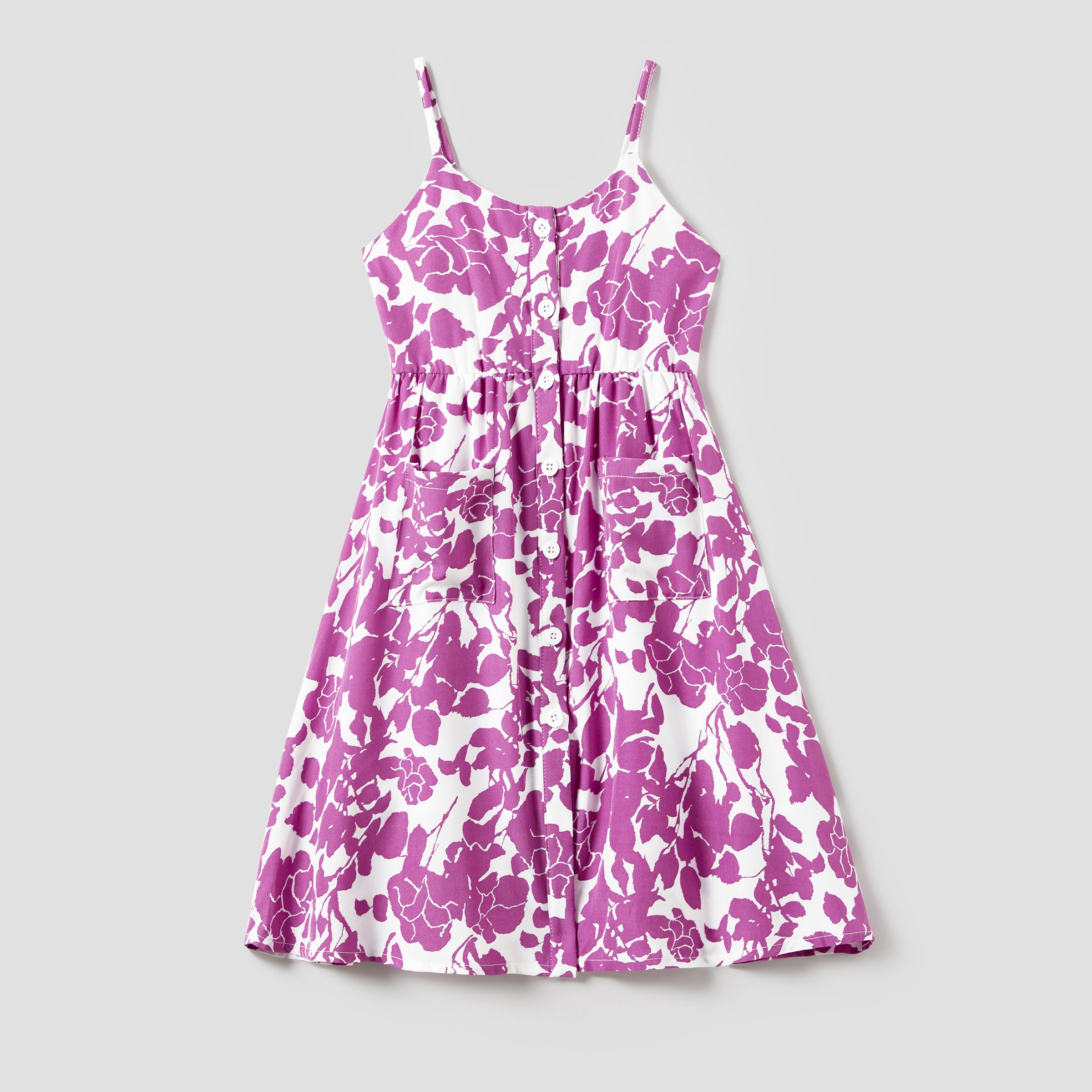 Mommy and Me Purple Floral Button Up Strap Dresses with Pockets