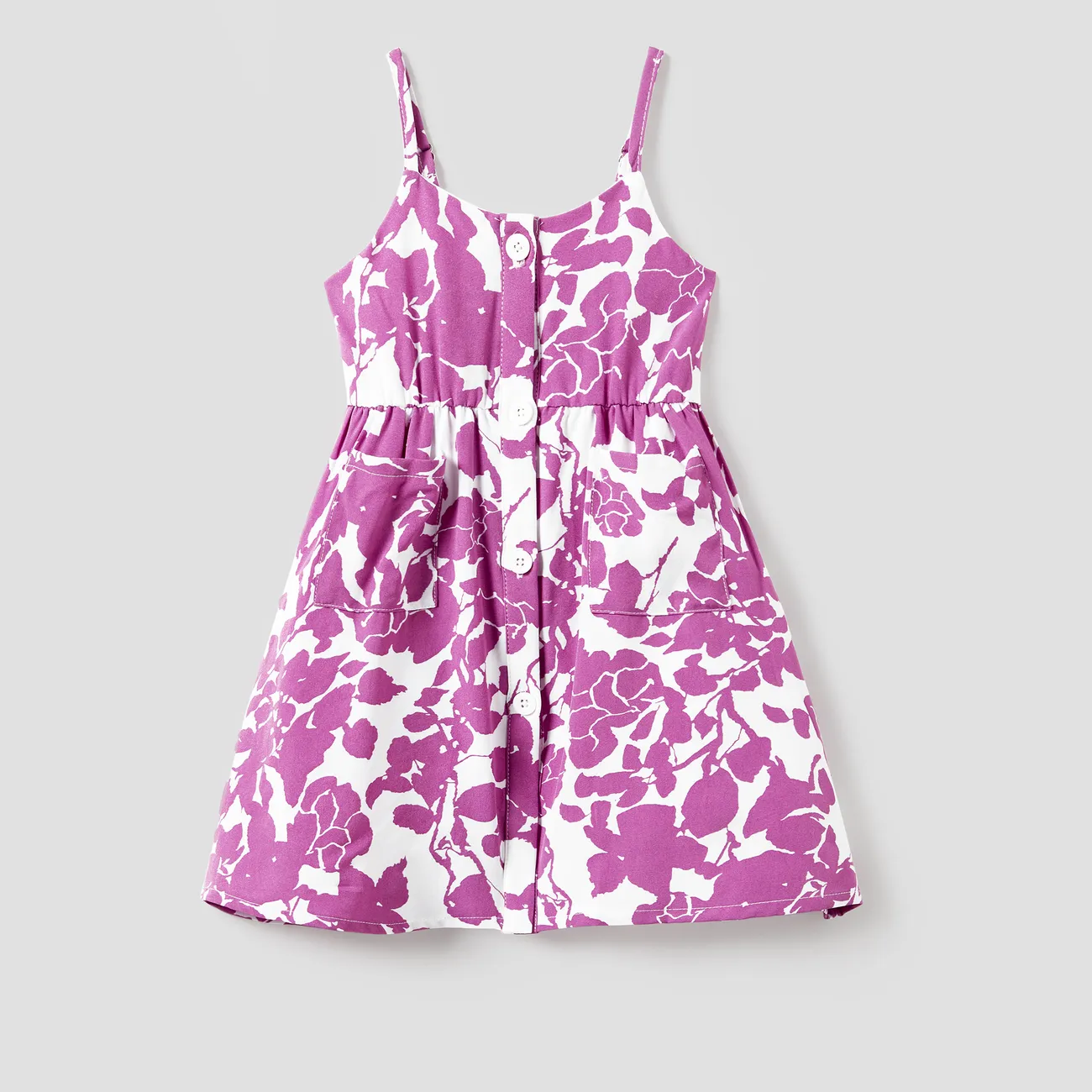Mommy and Me Purple Floral Button Up Strap Dresses with Pockets Purple big image 1