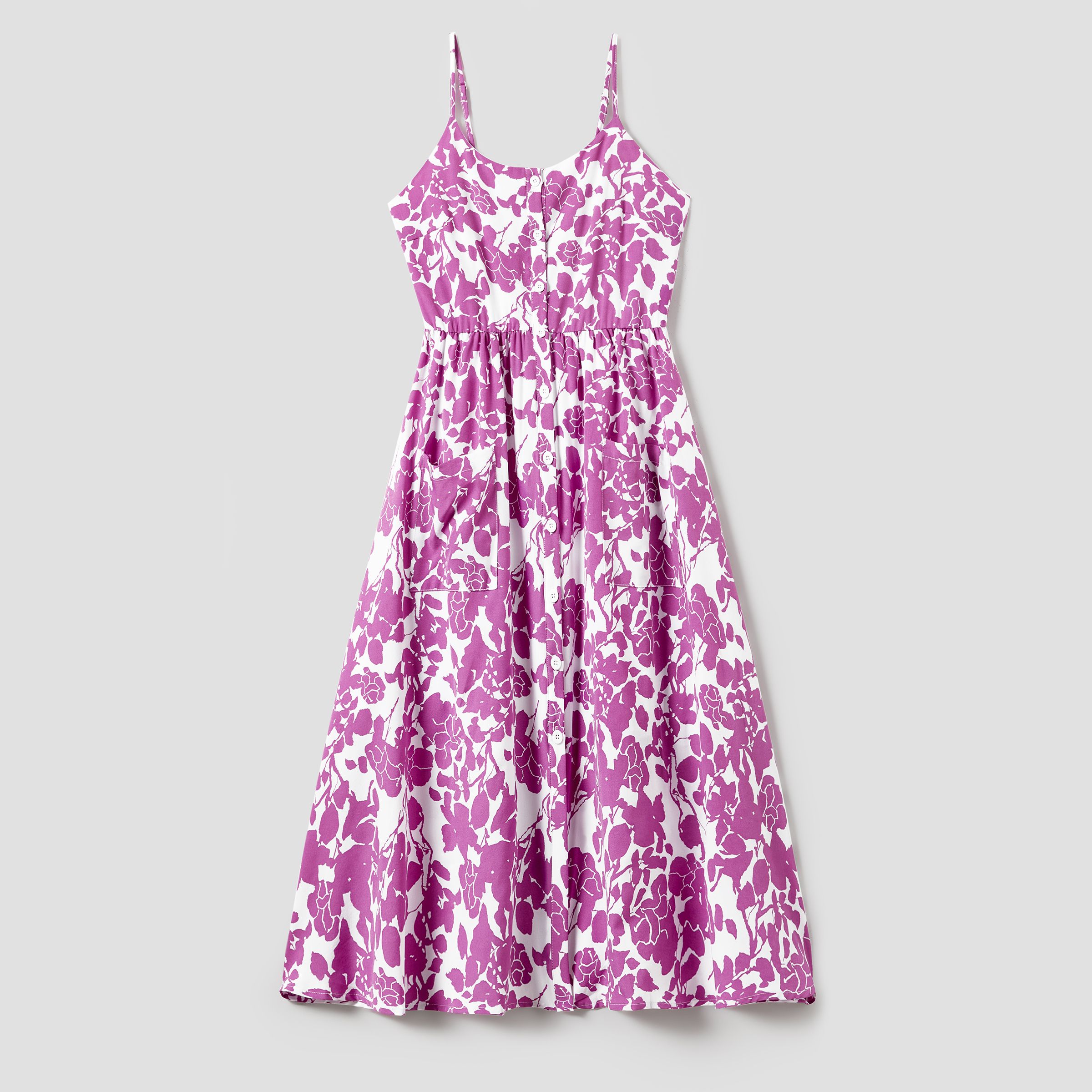 

Mommy and Me Purple Floral Button Up Strap Dresses with Pockets