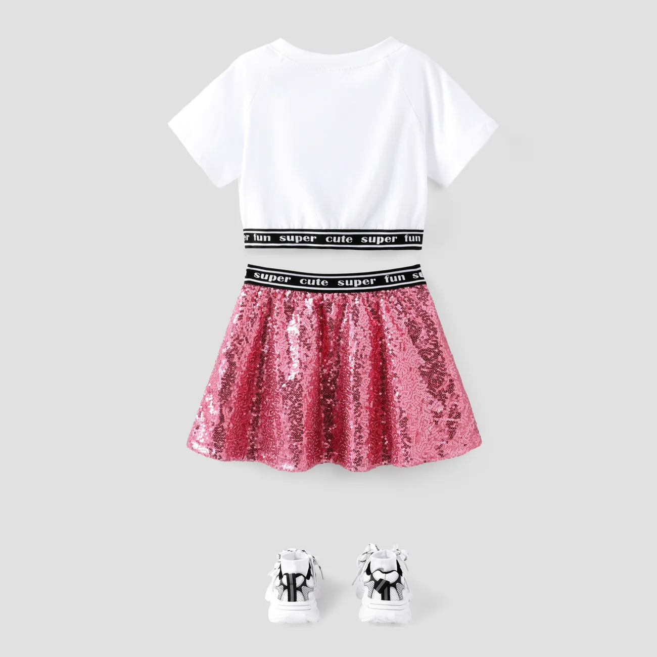 Toddler/Kid Girl 2pcs Heart Sequin Embroidery Crop Tee and Ribbon Skirt Set PinkyWhite big image 1