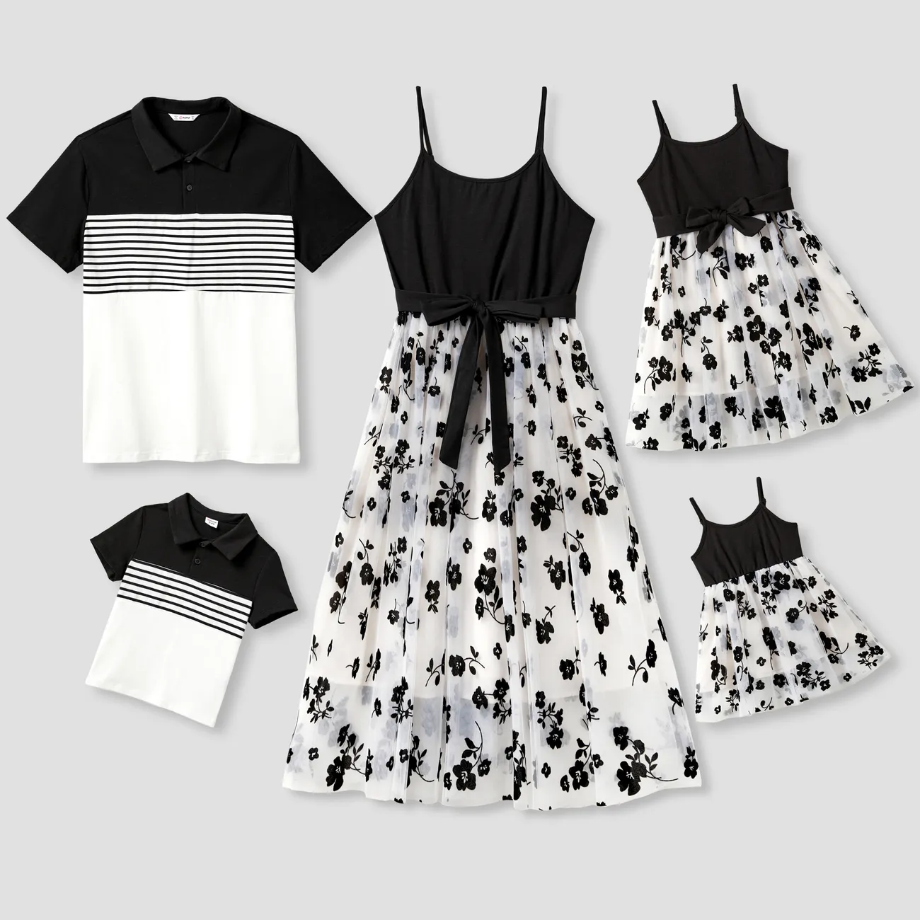 Family Matching Color Block Stripe Polo Shirt and Cami Spliced Tulle Dress with flocking Flower Pattern Sets BlackandWhite big image 1