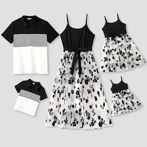 Family Matching Color Block Stripe Polo Shirt and Cami Spliced Tulle Dress with flocking Flower Pattern Sets