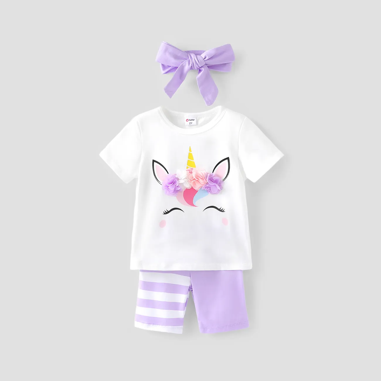 Toddler Girl 3pcs Unicorn Print Tee and Shorts and Headband Set/ Unicorn Shaped Bag/ 5 Pairs of Socks/ Sports Shoes Purple big image 1