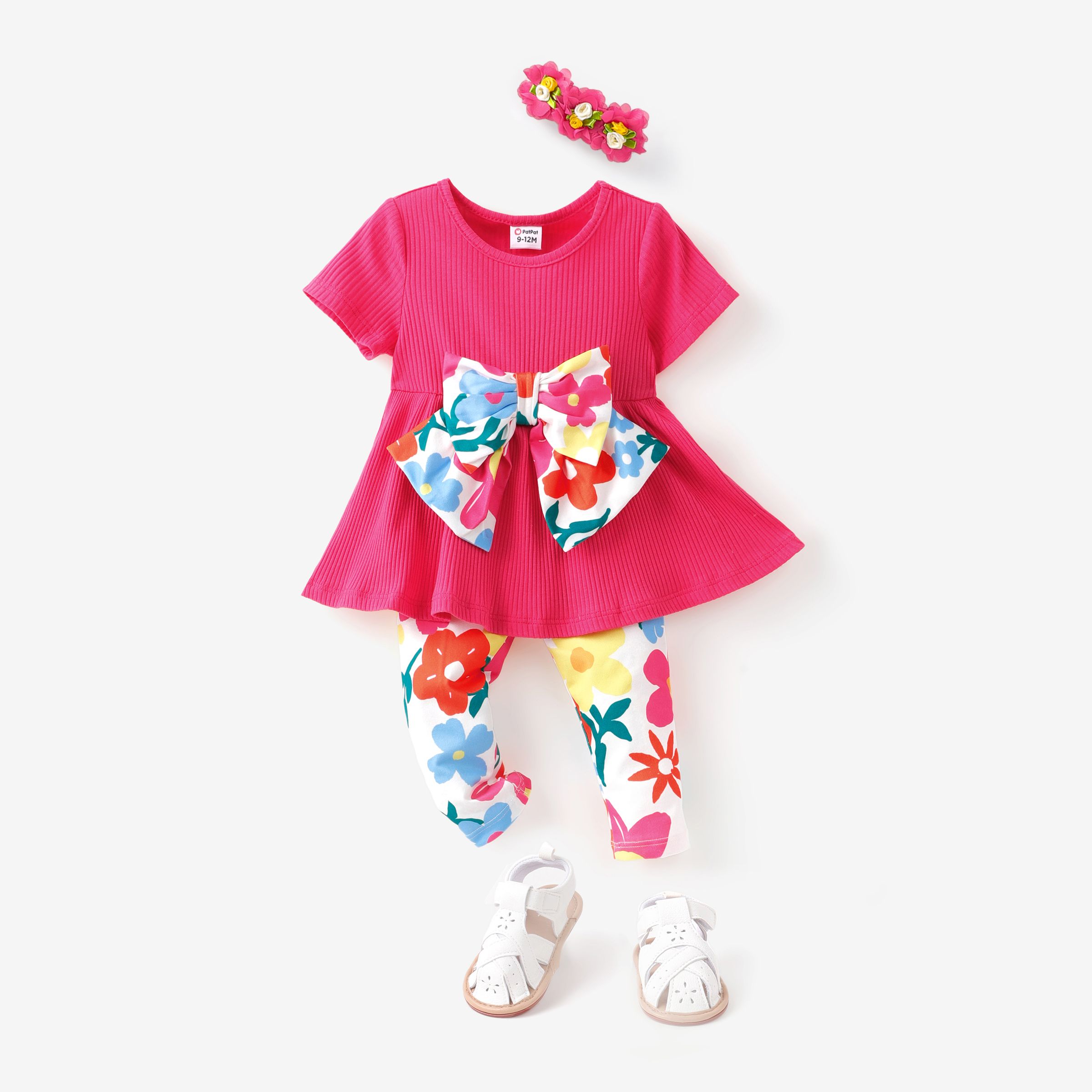 Bébé Fille 2pcs Bowknot Design Tee Et Floral Imprimé Leggings Set / Bandeau / Sandales