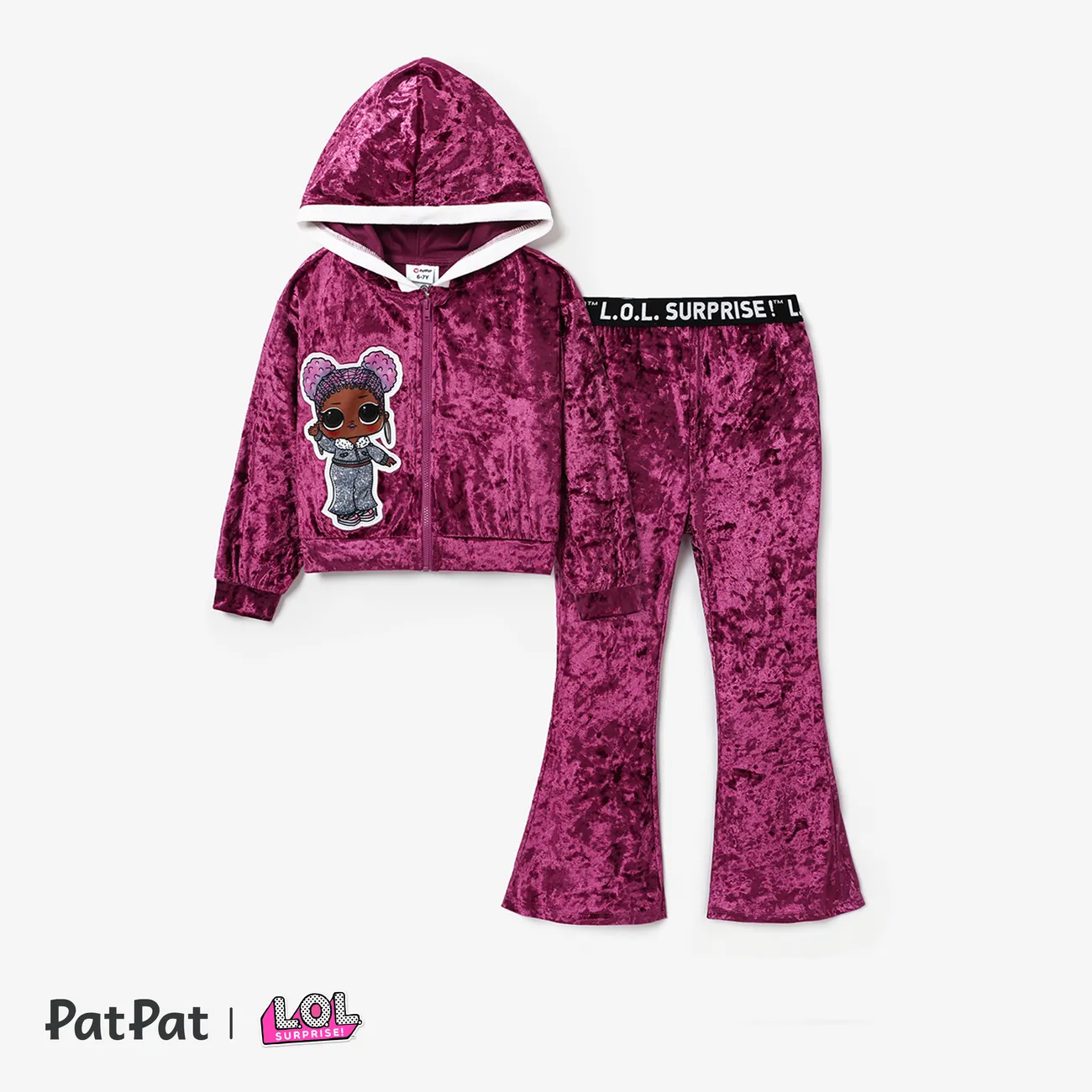 L.O.L. SURPRISE! Kid Girl Graphic Velvet Long-sleeve Hooded Jacket or Bell Pant Hot Pink big image 1