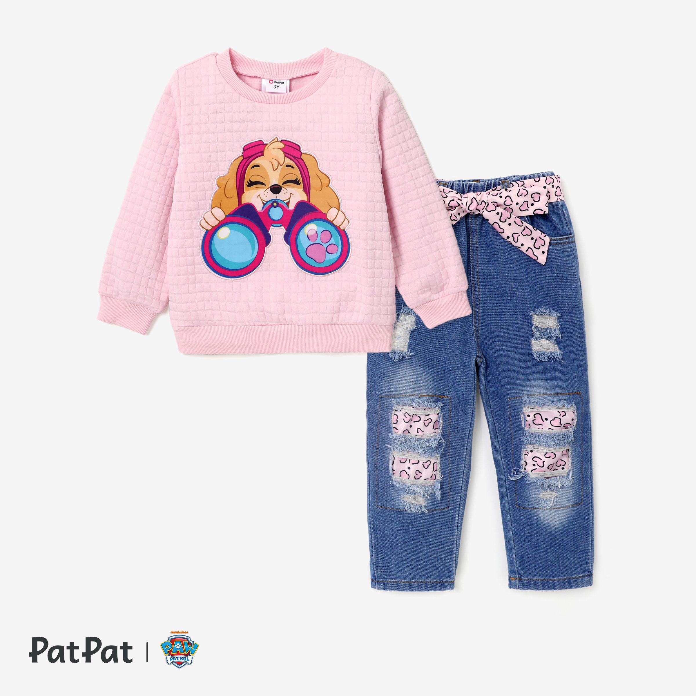 La Pat’Patrouille Toddler Girl Big Graphic Haut à Manches Longues Et Pantalon Ceinturé En Denim
