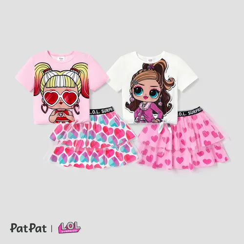 LOL Surprise Kids Girls Mother's Day 2pcs Character Print T-shirt with Sweet Mesh Skirt Set
