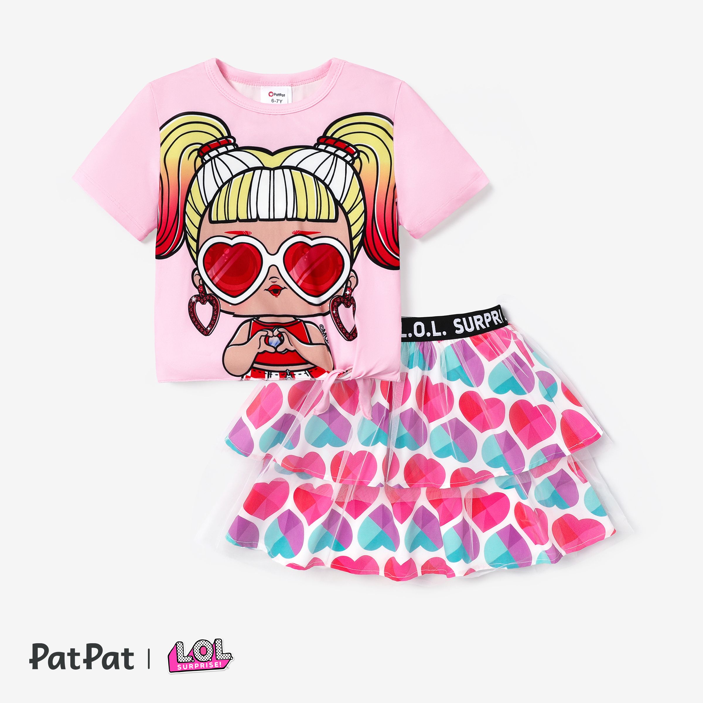 LOL Surprise Kids Girls Mother's Day 2pcs Character Print T-shirt with Sweet Mesh Skirt Set