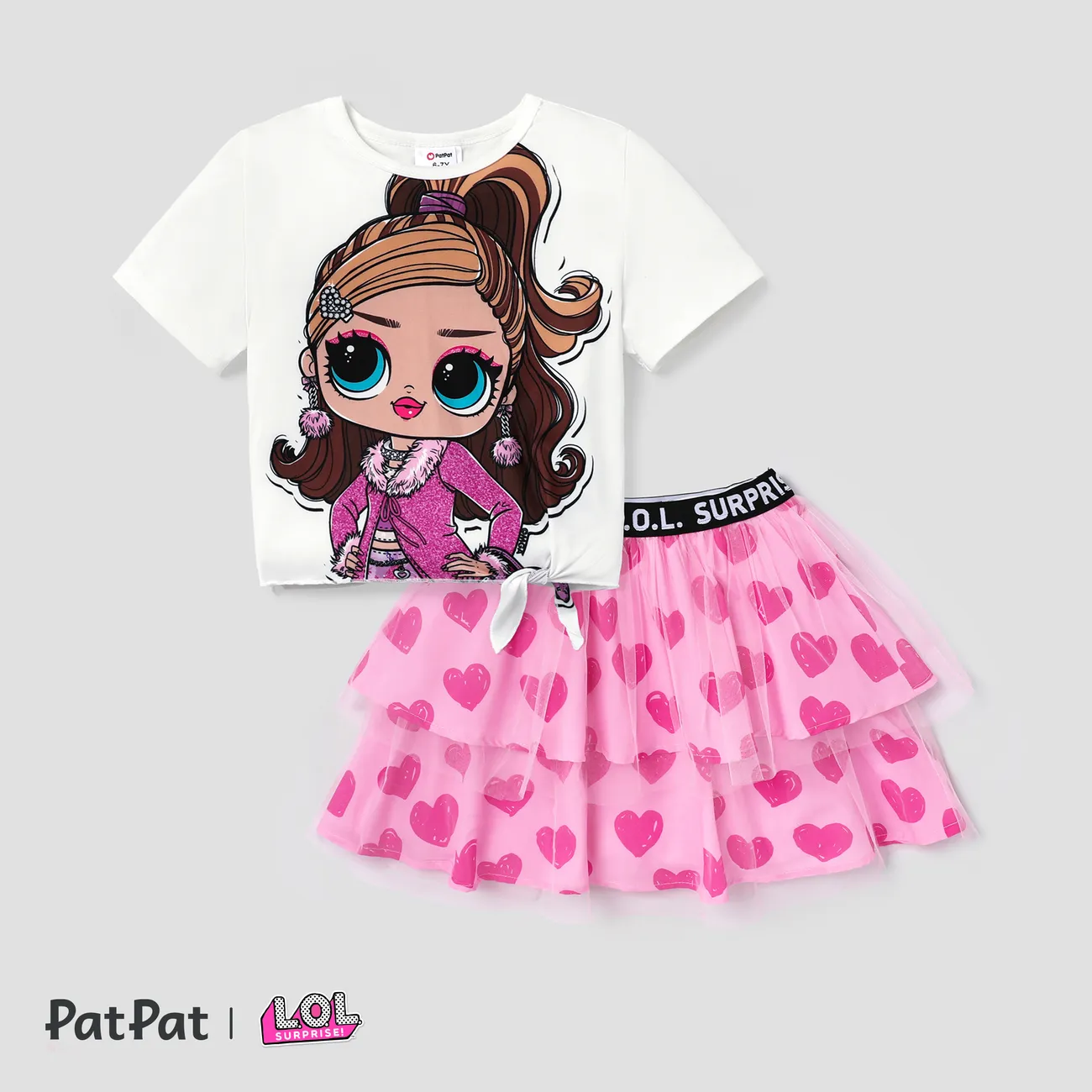 LOL Surprise Kids Girls Mother's Day 2pcs Character Print T-shirt with Sweet Mesh Skirt Set
 White big image 1
