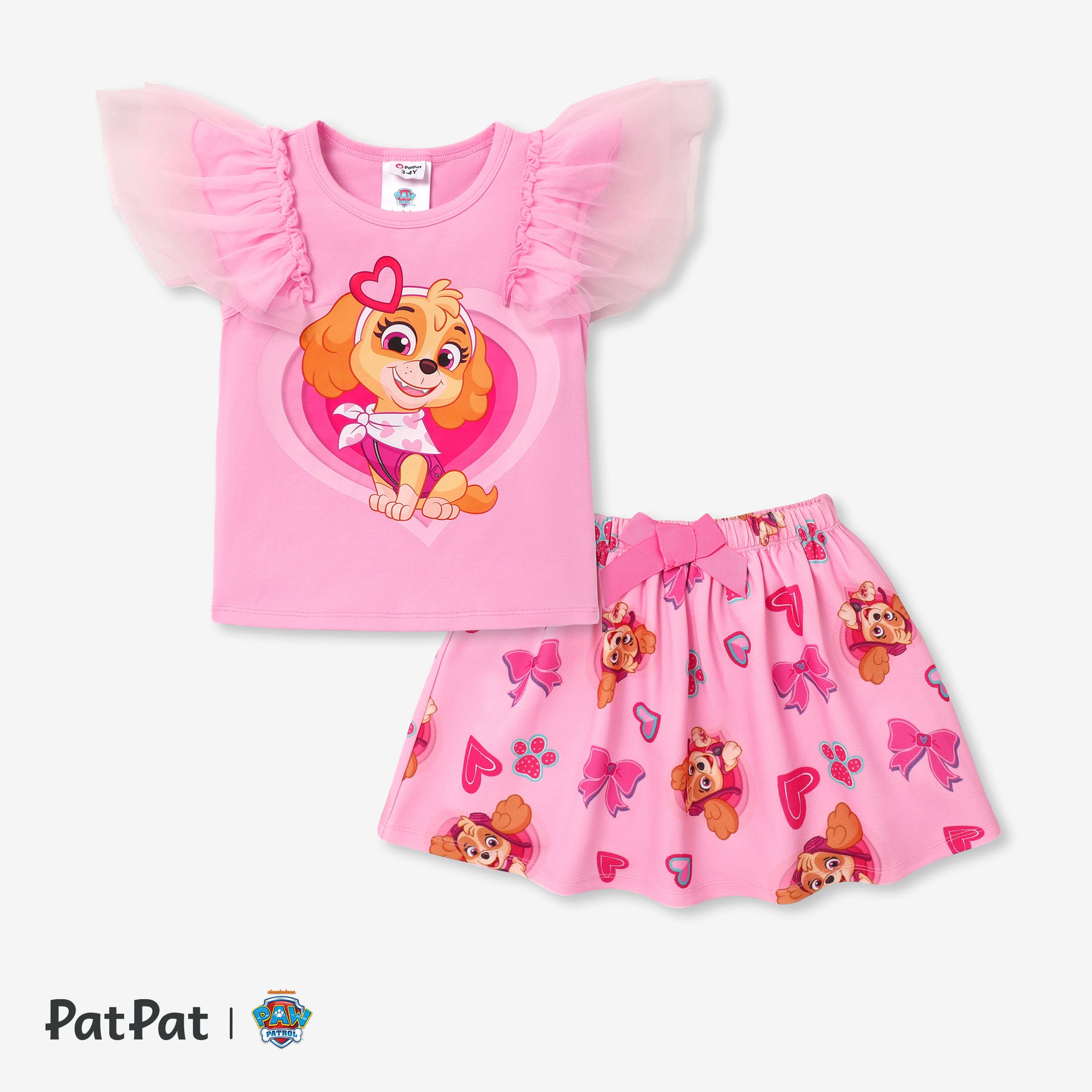 Paw Patrol 幼兒女孩 2 件心蝴蝶結圖案補丁網眼袖 T 恤和裙子套裝