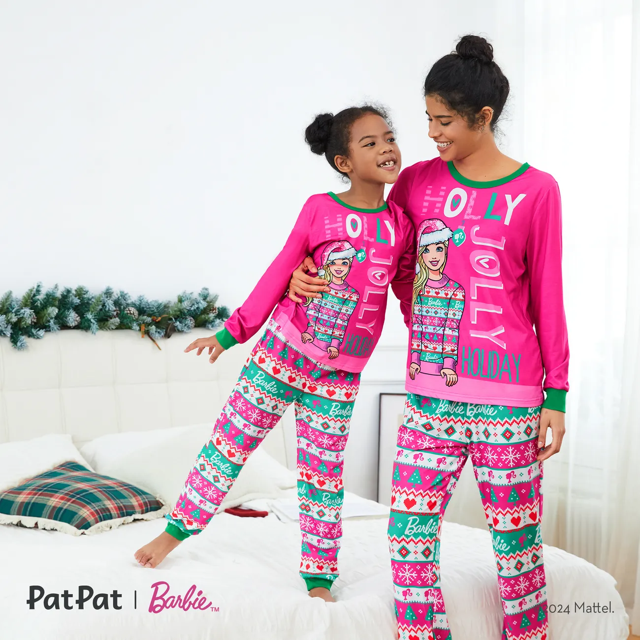Barbie Christmas Mommy and Me Hot Pink Long-sleeve Graphic Print Pajamas Sets (Flame Resistant) Hot Pink big image 1