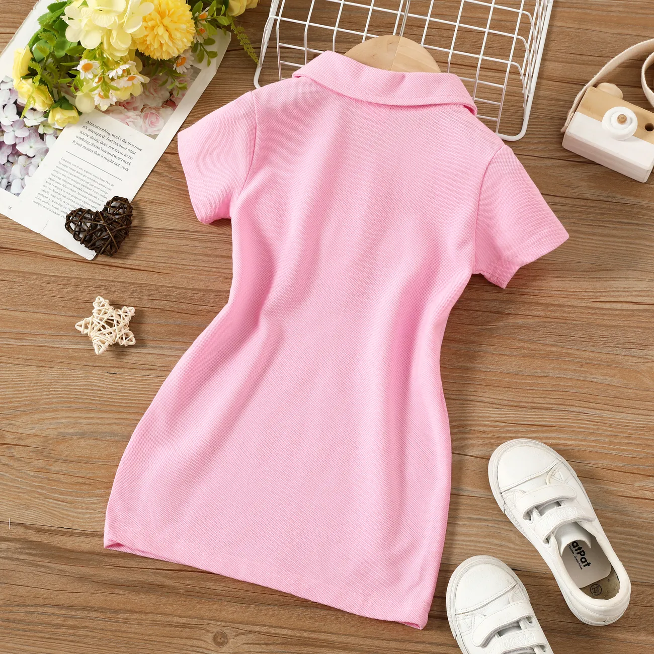 Toddler Girl's  Solid Color Short Sleeve Shirt Collar Dress Pink big image 1