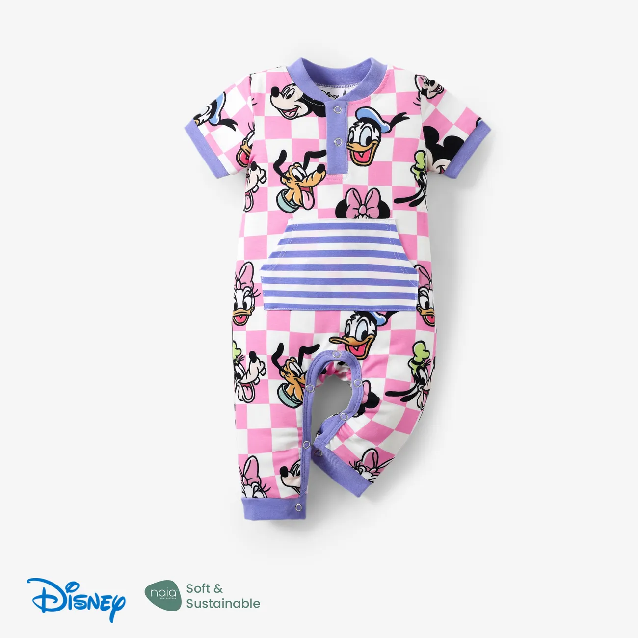 Disney Mickey and Friends 1pc Baby Boys/Girls Naia™ Plaid/Striped Short-Sleeve Romper
 Pink big image 1