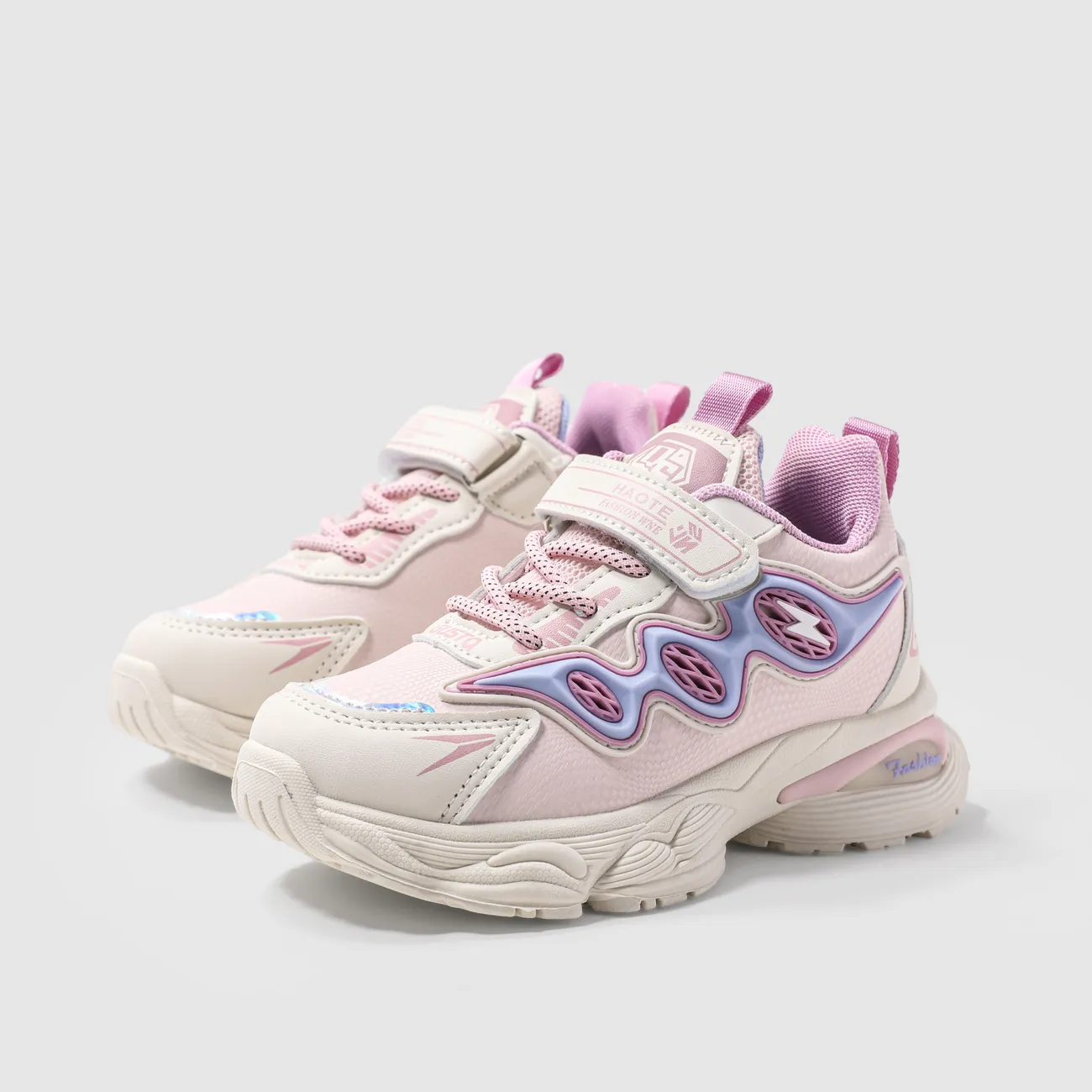 Kids Girl/Boy Solid Color Fiber Mesh Cloth Velcro Sports Shoes Pink big image 1